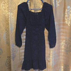 Girls Navy Long-Sleeve Ruffle Hem Casual Dress
